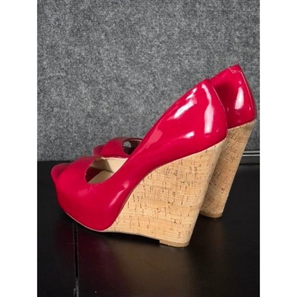 Jessica Simpson Red Patent Leather Cork Platform Wedge Peep Toe Heels 8.5M Sexy - Picture 6 of 8